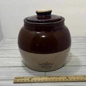 VTG 1930s Ransbottom Robinson Blue Crown Stoneware 2 QT Crock 8" Bean Pot